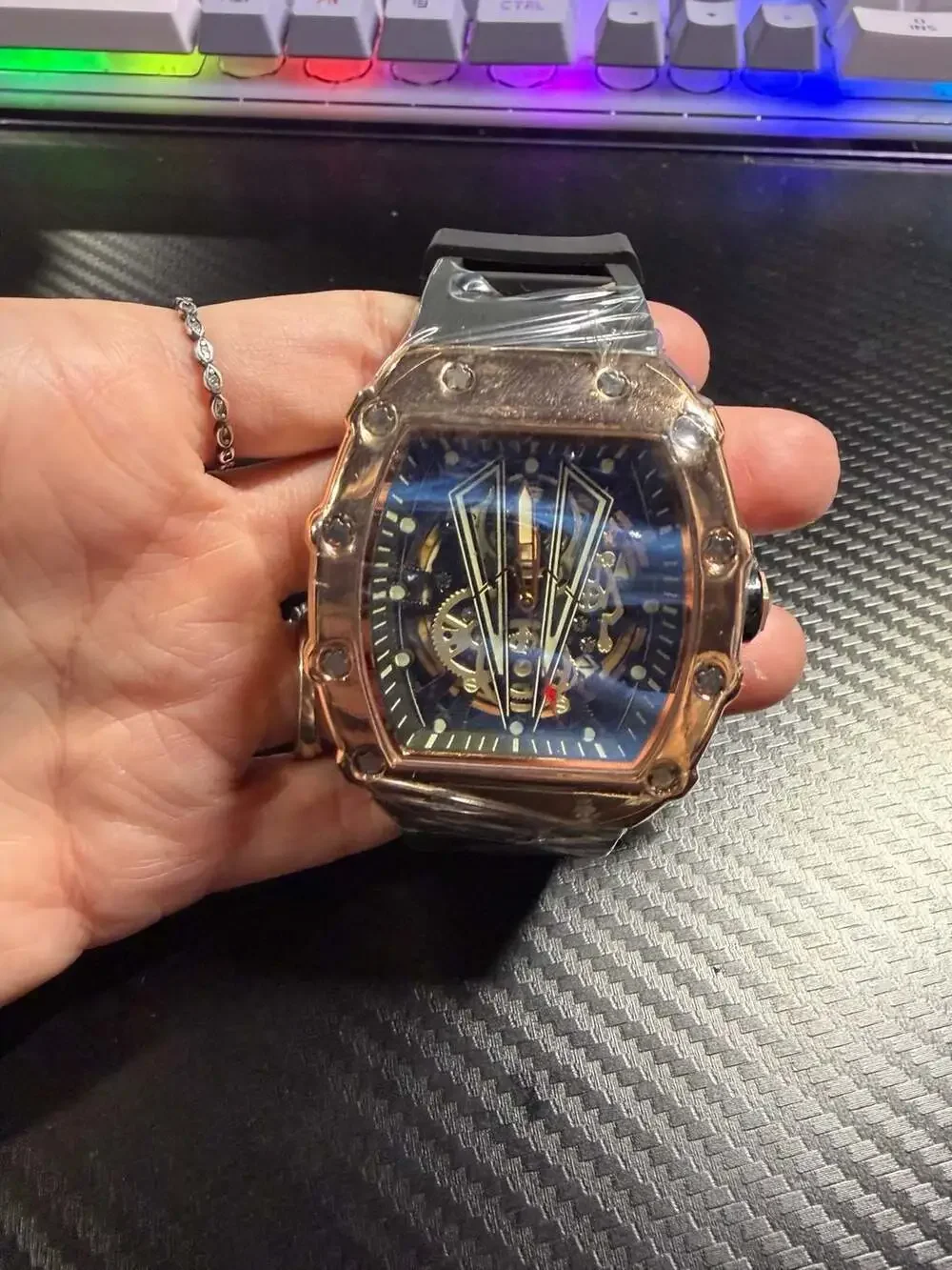 Unbranded Tonneau Skeleton Automatic Watch Rose Gold Tone